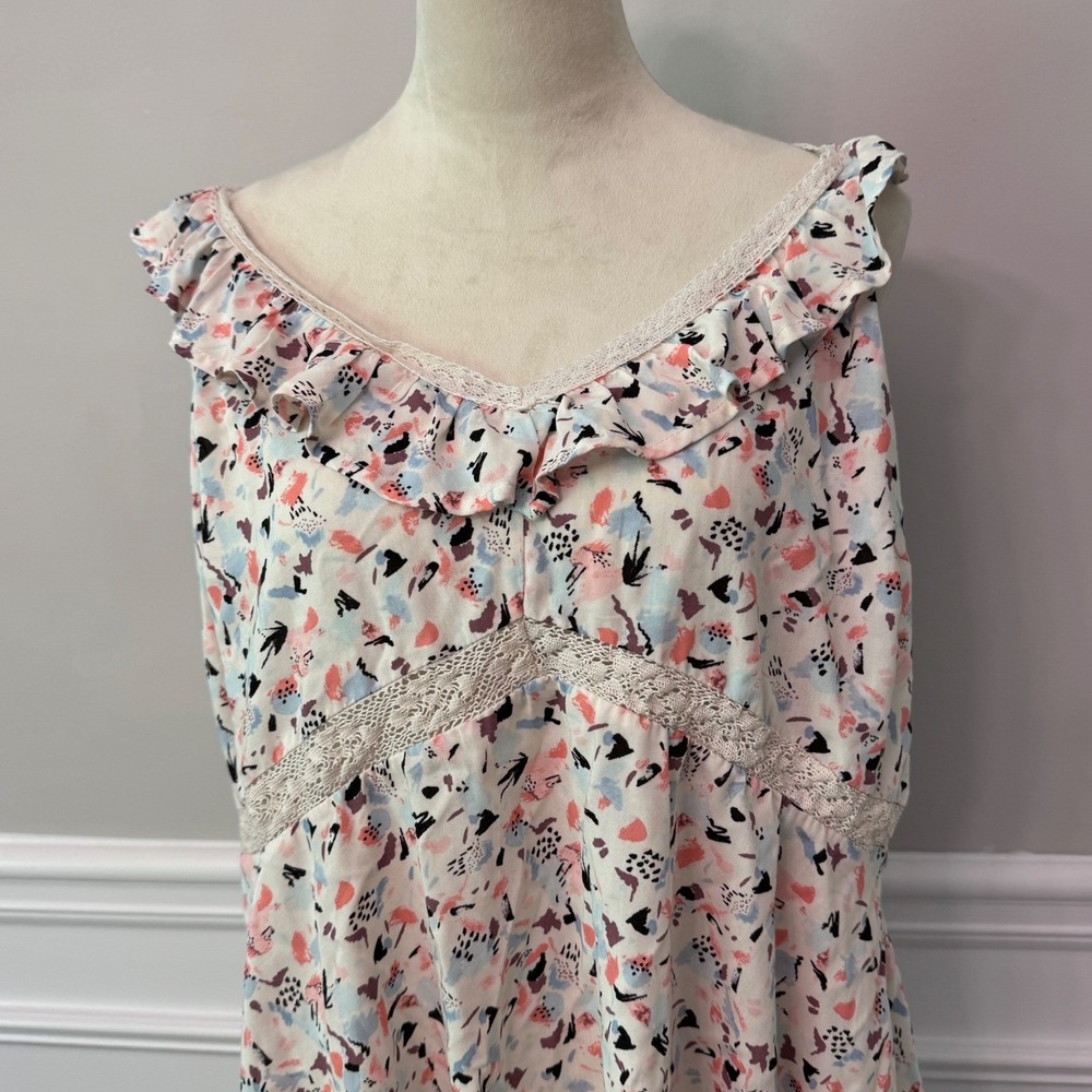 Abstract Print Y2K Ruffle Lace Trim Babydoll Empire Waist Top Pink 2 - Picture 4 of 14